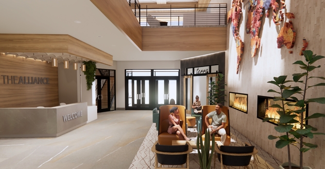 Rendering of the two-story lobby of the future headquarters of The Alliance.
