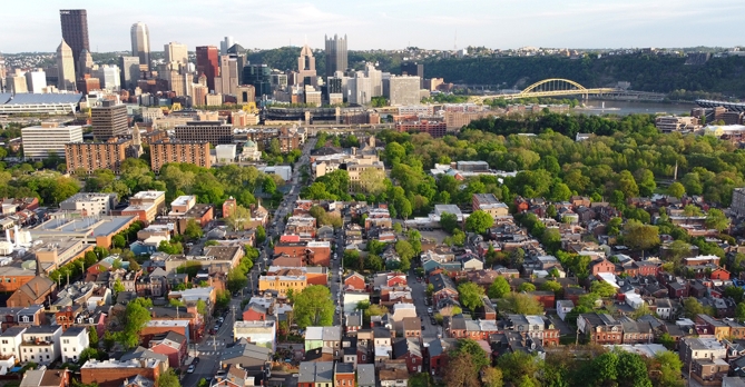 Aerial perspective looking toward downtown Pittsburgh