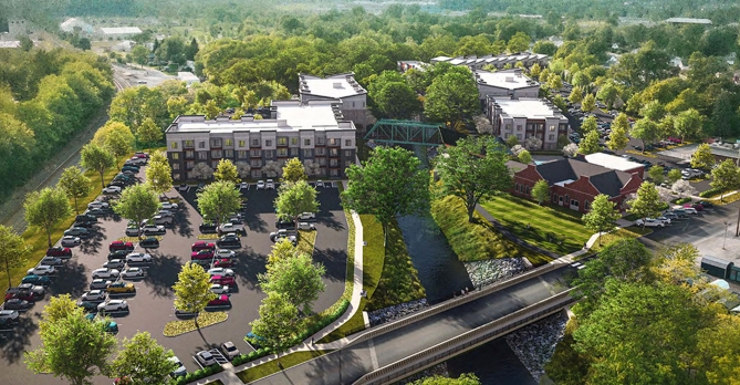 Birds-eye perspective of residential and pathways throughout the future Water & Light District