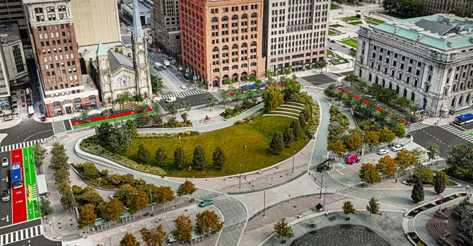 Color rendering shows some of the suggested design and functionality improvements surrounding Public Square in downtown Cleveland.