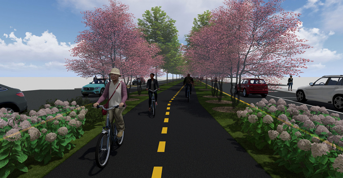 Rendering of a section of the Cleveland Midway that runs down the middle of Superior Avenue